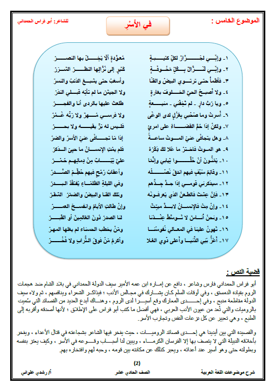 مذكرة لغة عربية درس في الأسر الصف الحادي عشر الفصل الأول رشدي علواني
