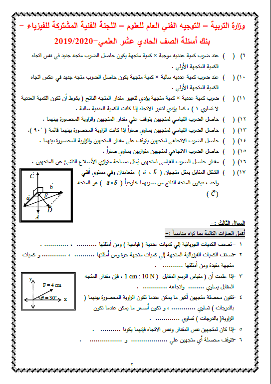 بنك أسئلة فيزياء غير محلول الصف الحادي عشر الفصل الاول التوجيه الفني