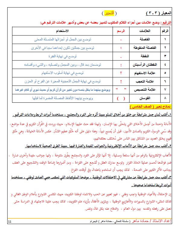 مذكرة المعالي لغة عربية الصف الخامس الفصل الأول إعداد حمادة ماهر