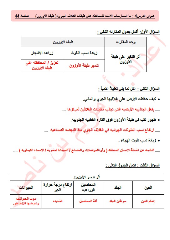 حل مذكرة الوحدة الثانية علوم الصف الخامس الفصل الأول إعداد مريم بن ناصر