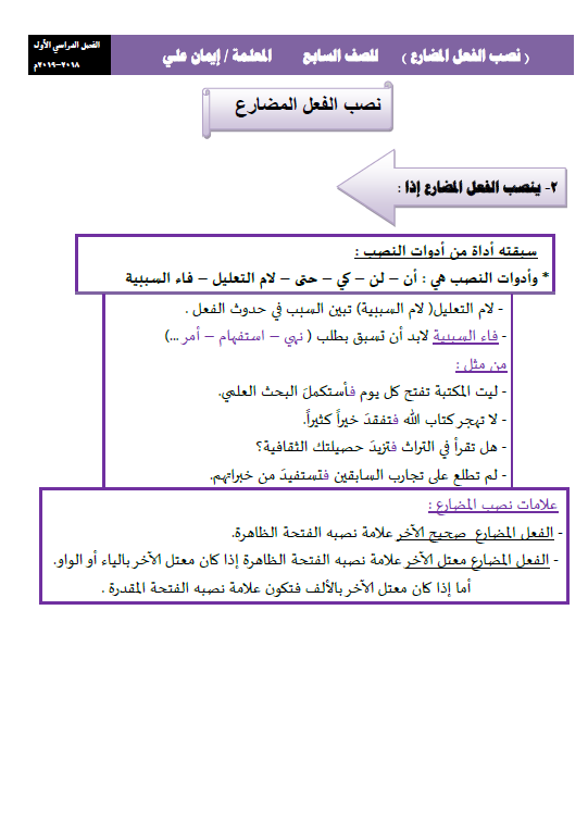 نصب الفعل المضارع لغة عربية الصف السابع الفصل الأول إيمان علي