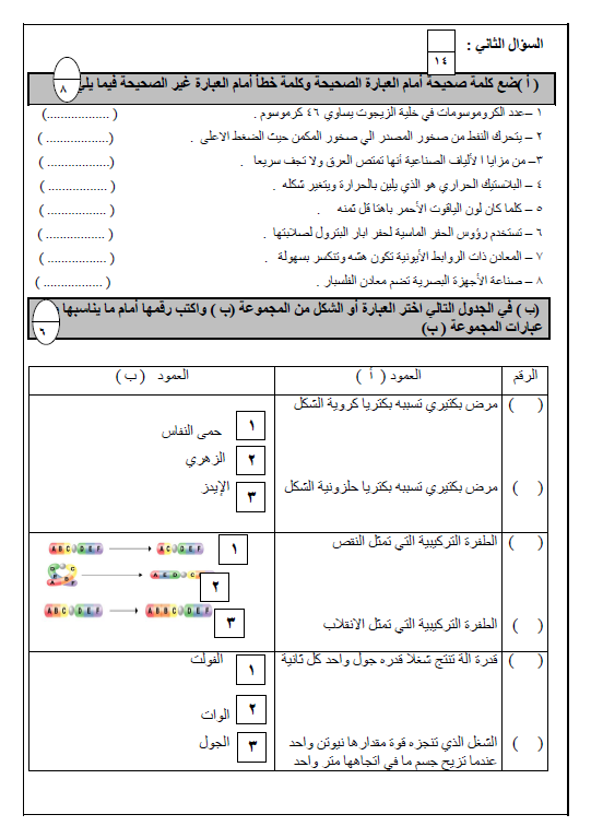 اختبار تجريبي علوم الصف التاسع الفصل الأول المعلمة سامية عبد الحميد