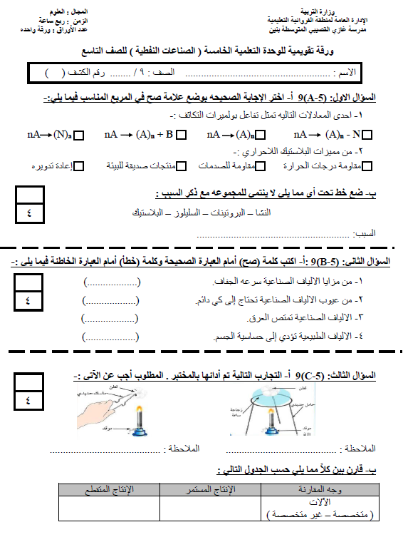 ورقة تقويمية الوحدة الخامسة علوم الصف التاسع الفصل الأول مدرسة غازي القصيبي