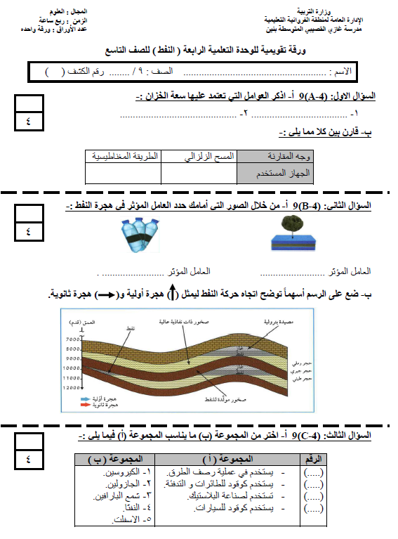 ورقة تقويمية الوحدة الرابعة علوم الصف التاسع الفصل الأول مدرسة غازي القصيبي