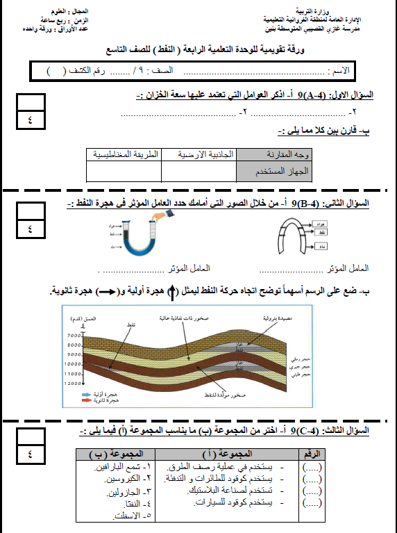 ورقة تقويمية الوحدة الرابعة علوم الصف التاسع الفصل الأول مدرسة غازي القصيبي