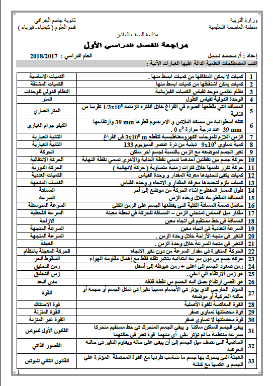 مراجعة فيزياء الصف العاشر الفصل الأول الأستاذ محمد نبيل