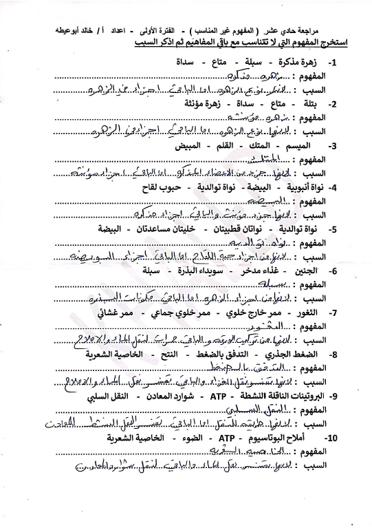 حل أسئلة المفهوم غير المناسب احياء الصف الحادي عشر الفصل الأول خالد أبو عيطه