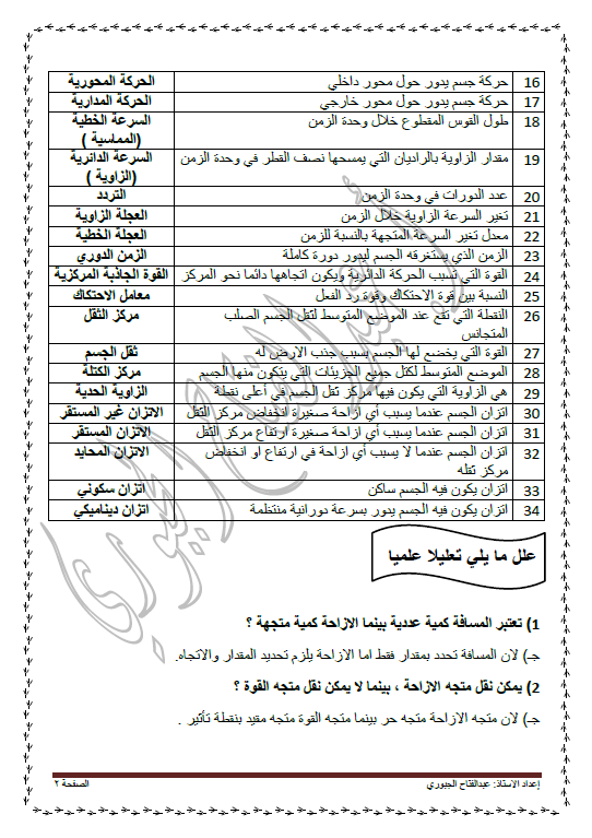 مراجعة ليلة الاختبار فيزياء الصف الحادي عشر الفصل الأول عبد الفتاح الجبوري