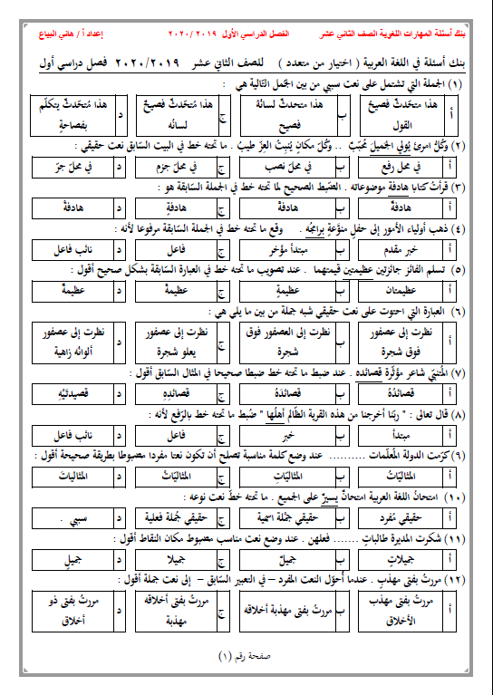 بنك أسئلة لغة عربية الصف الثاني عشر الفصل الأول الأستاذ هاني البياع