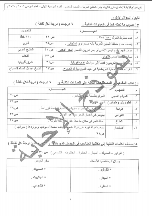 نموذج الإجابة اجتماعيات الصف السادس الفصل الأول منطقة الجهراء التعليمية