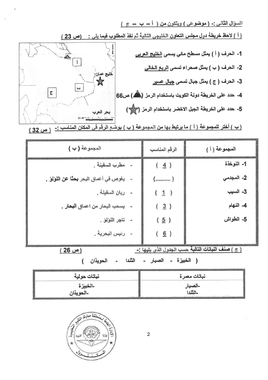 نموذج الإجابة اجتماعيات الصف السادس الفصل الأول منطقة مبارك الكبير التعليمية