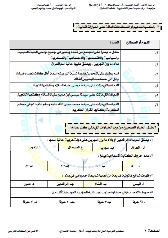 مرشد اجتماعيات غير محلول الصف السابع الفصل الأول