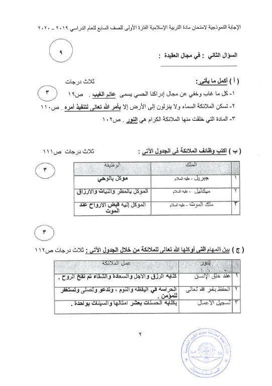 نموذج الإجابة تربية اسلامية الصف السابع الفصل الأول منطقة مبارك الكبير التعليمية