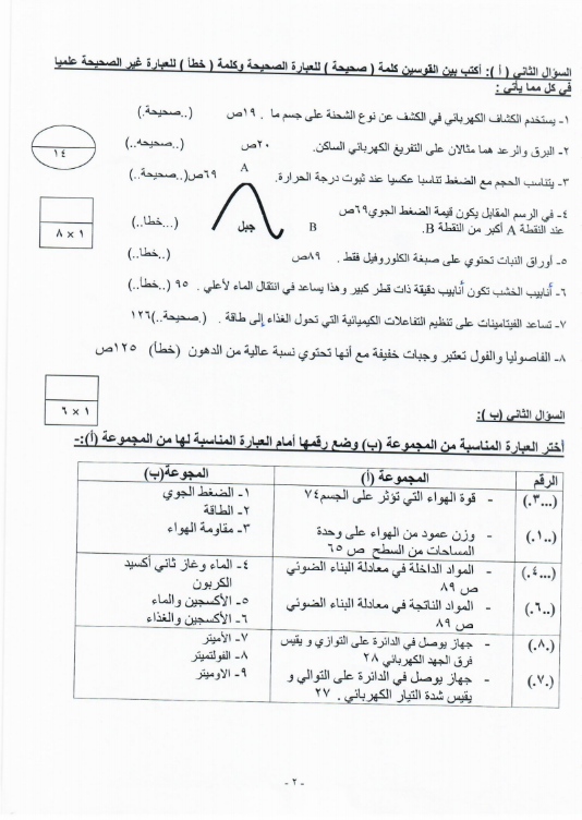 نموذج الإجابة علوم الصف السابع الفصل الأول منطقة الفروانية التعليمية