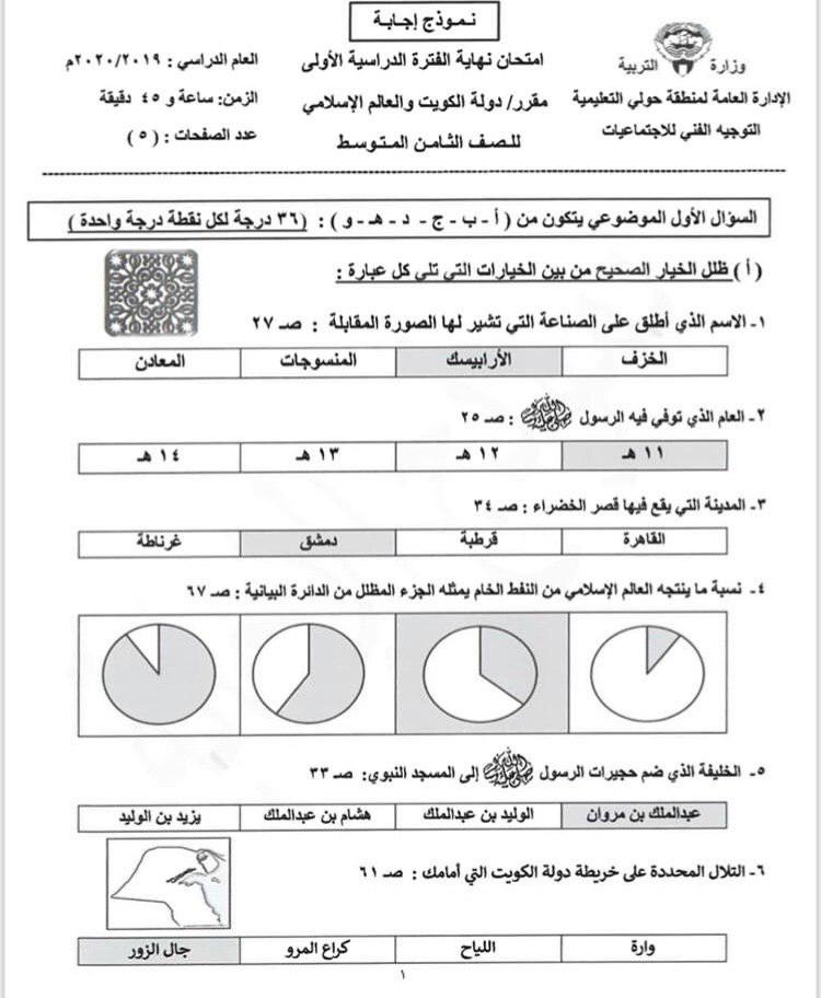 نموذج الإجابة اجتماعيات الصف الثامن الفصل الأول منطقة حولي التعليمية