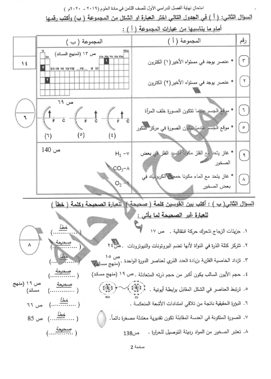 نموذج الإجابة علوم الصف الثامن الفصل الأول منطقة حولي