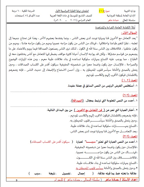 مذكرة المعالي لغة عربية الصف التاسع الفصل الأول الأستاذ حمادة ماهر