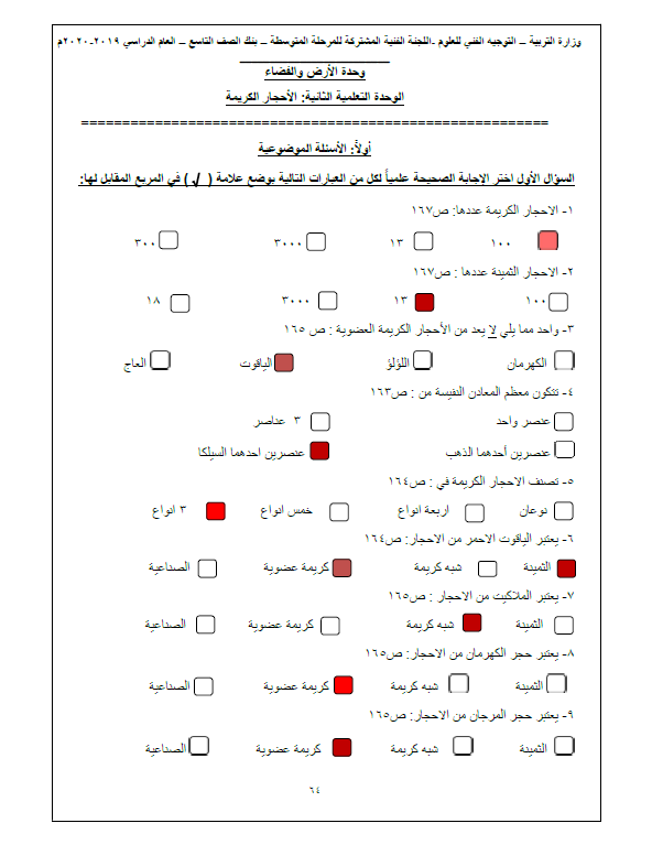 بنك أسئلة علوم وحدة الأحجار الكريمة محلول الصف التاسع التوجيه الفني