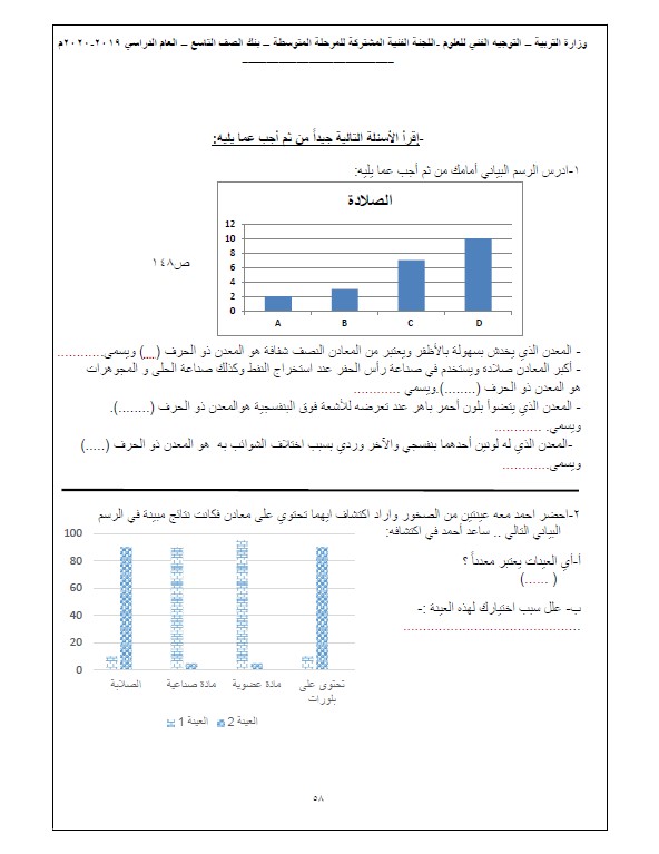 بنك أسئلة علوم وحدة المعادن غير محلول الصف التاسع التوجيه الفني