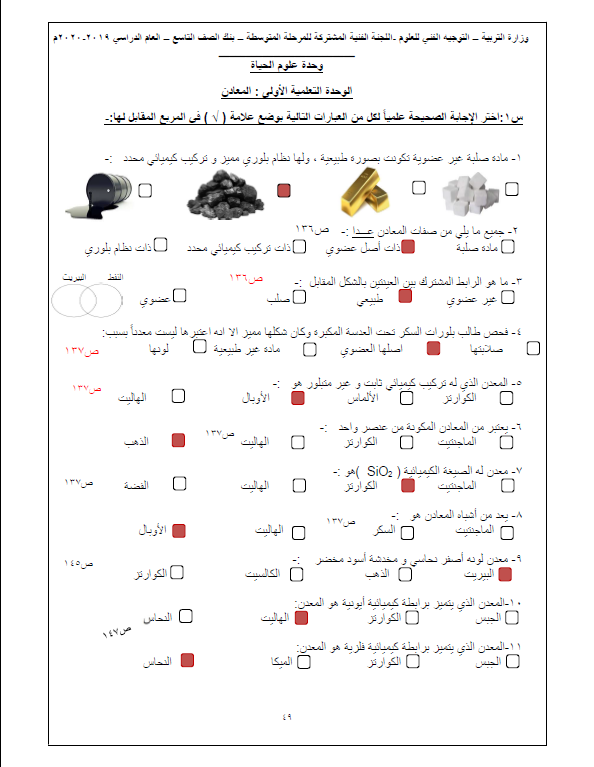 بنك أسئلة علوم وحدة المعادن محلول الصف التاسع التوجيه الفني