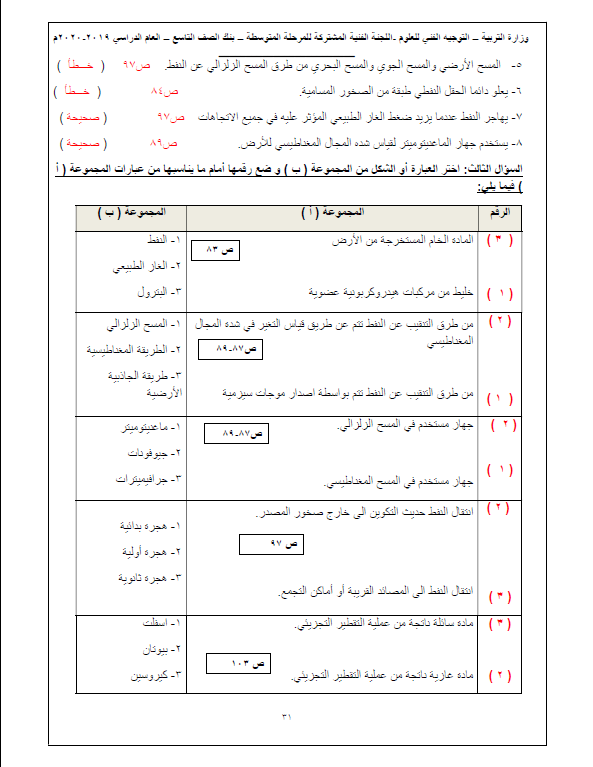 بنك أسئلة علوم وحدة النفط محلول الصف التاسع التوجيه الفني