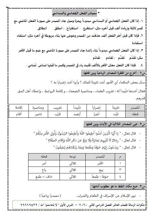 تدريبات على المصادر لغة عربية الصف العاشر الفصل الثاني