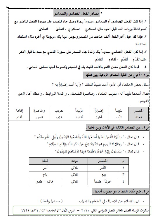 تدريبات على المصادر لغة عربية الصف العاشر الفصل الثاني