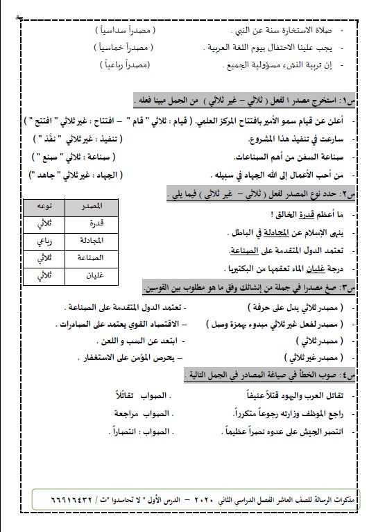 تدريبات على المصادر لغة عربية الصف العاشر الفصل الثاني