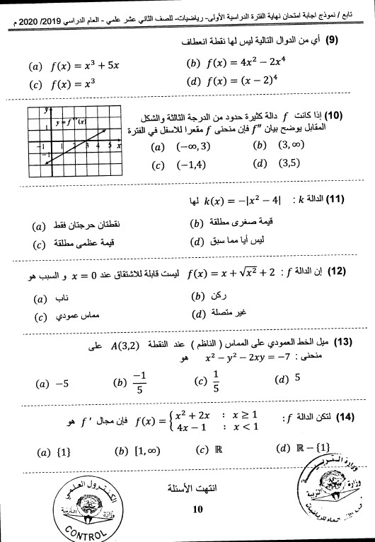نموذج الإجابة رياضيات الصف الثاني عشر الفصل الأول