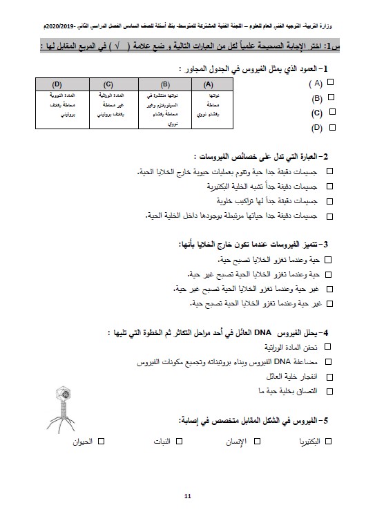 بنك أسئلة علوم الصف السادس الفصل الثاني التوجيه الفني