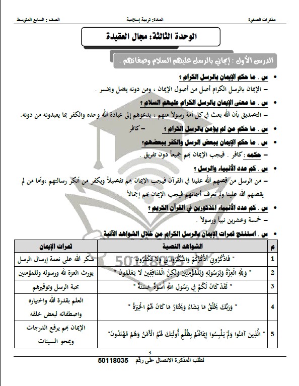 مذكرة الصفوة تربية إسلامية الوحدة الثالثة الصف السابع الفصل الثاني