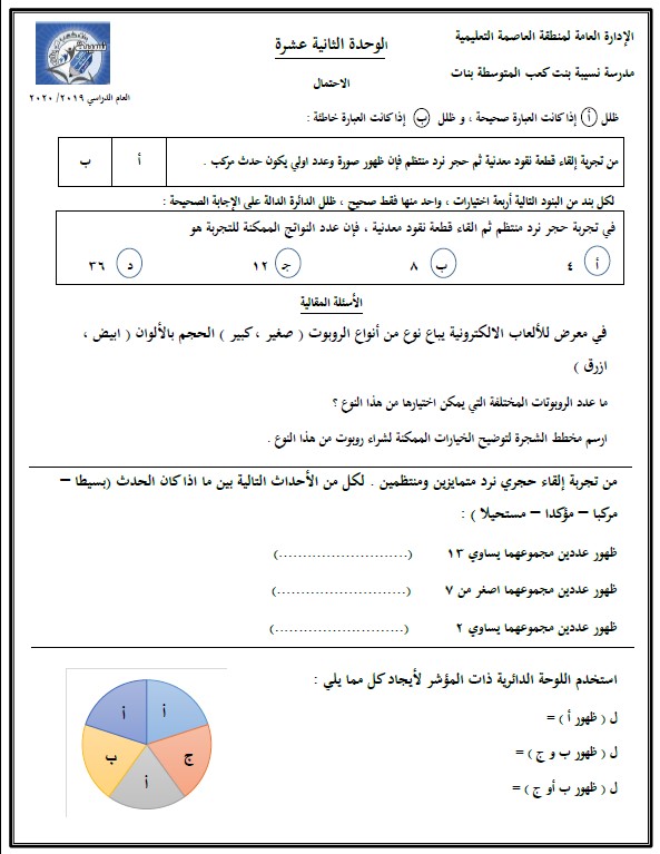 أوراق عمل رياضيات الصف السابع الفصل الثاني مدرسة نسيبة بنت كعب