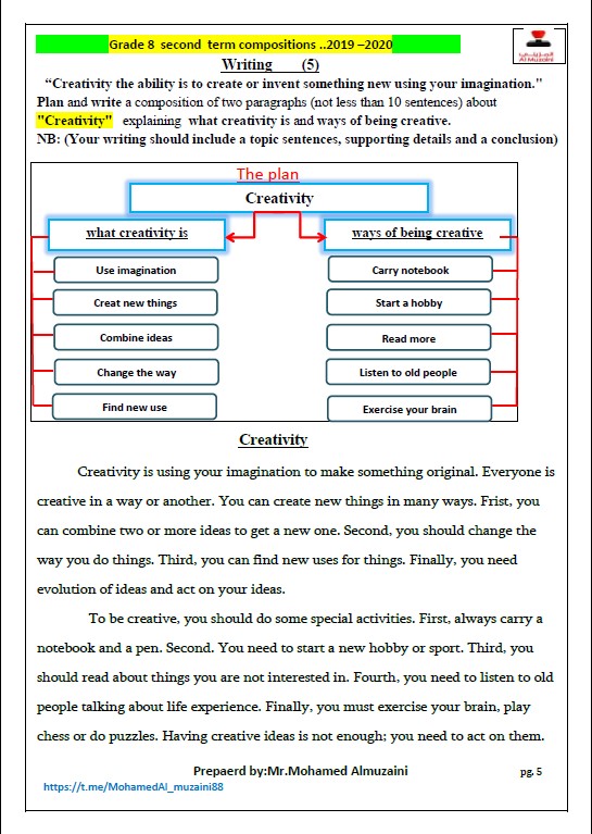 موضوعات تعبير انجليزي الصف الثامن الفصل الثاني الأستاذ محمد المزيني 2020