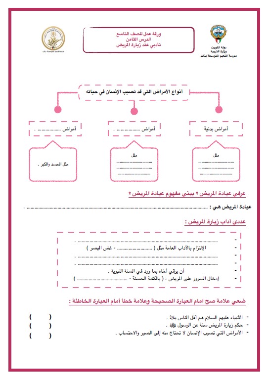 بنك أسئلة تربية إسلامية الصف التاسع الوحدة الثالثة الفصل الثاني