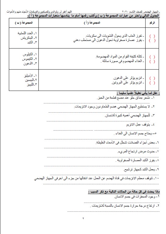 مذكرة الجهاز الهضمي للصف التاسع علوم ٢٠٢٠ فصل ثاني