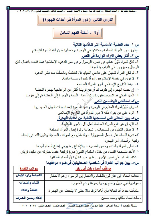 مذكرة الاختبار القصير لغة عربية الصف العاشر الفصل الثاني الأستاذ أسامة القشلان