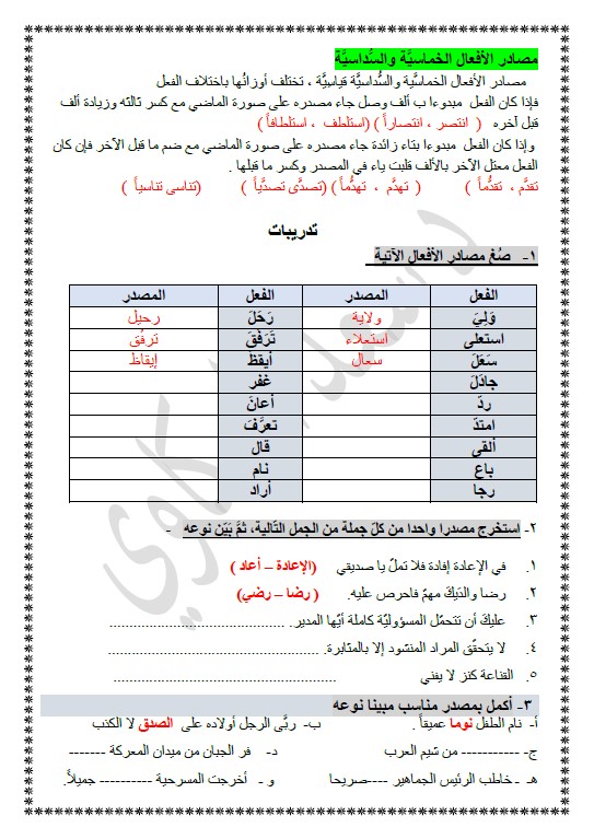 مصادر الأفعال لغة عربية الصف العاشر الفصل الثاني الأستاذ سعد المكاوي