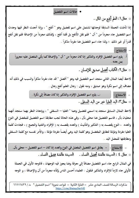 حالات اسم التفضيل لغة عربية الصف الحادي عشر الفصل الثاني