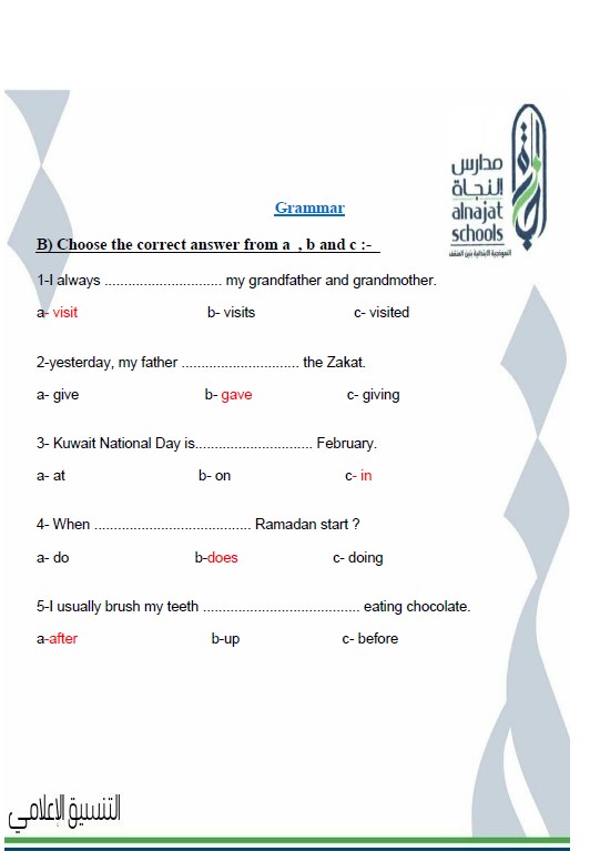 أوراق عمل إنجليزي محلولة الصف الثالث الوحدة الخامسة الفصل الثاني مدارس النجاة