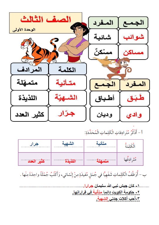 أوراق عمل لغة عربية محلولة الصف الثالث الفصل الثاني مدارس النجاة