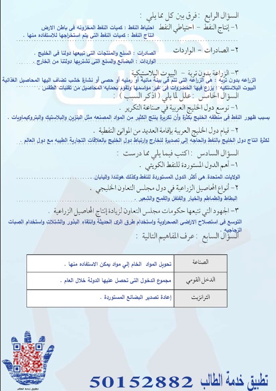 حل الوحدة الثالثة (الموارد الاقتصادية لدول الخليج العربية) اجتماعيات الصف السادس