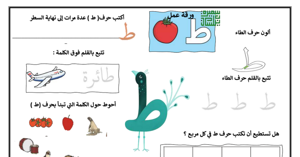 ورقة عمل حرف (ط) لغة عربية الصف الأول الفصل الأول أ سميرة بيلسان ...